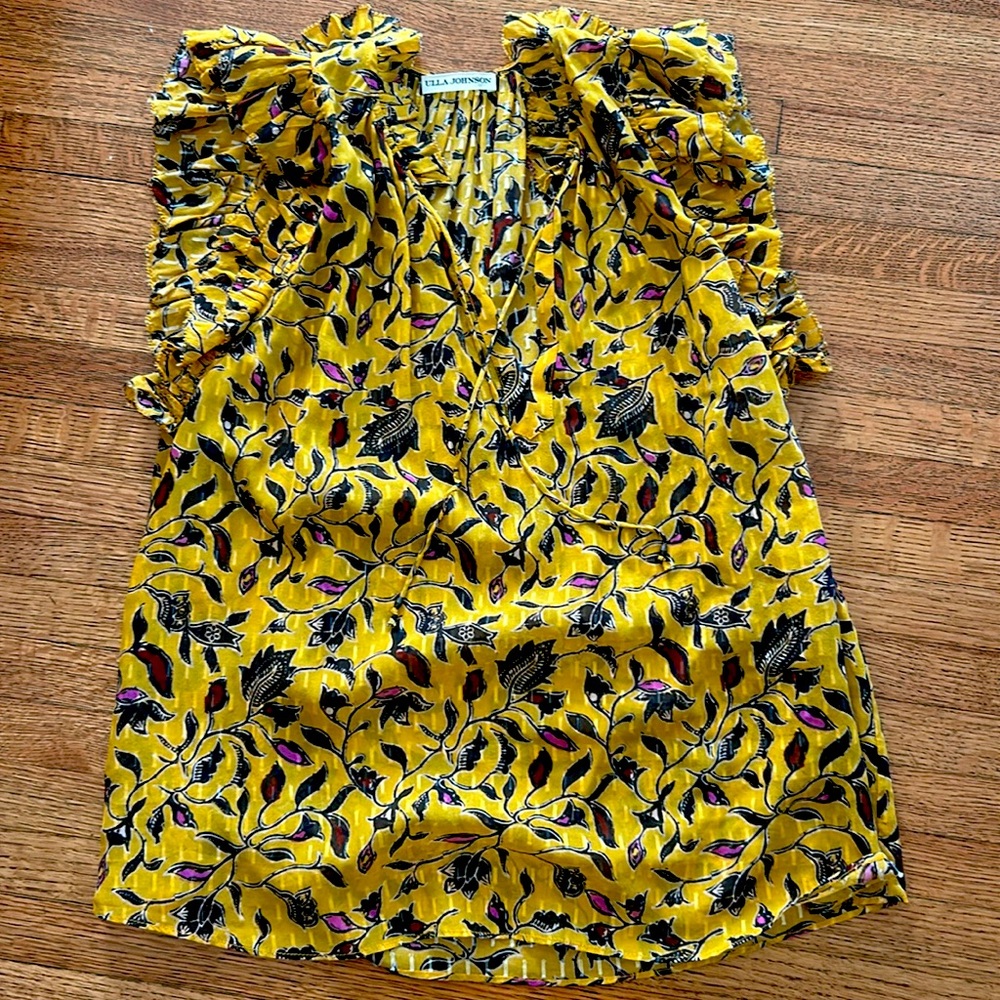 Ulla Johnson silk blouse —mustard with floral print. Sleeveless